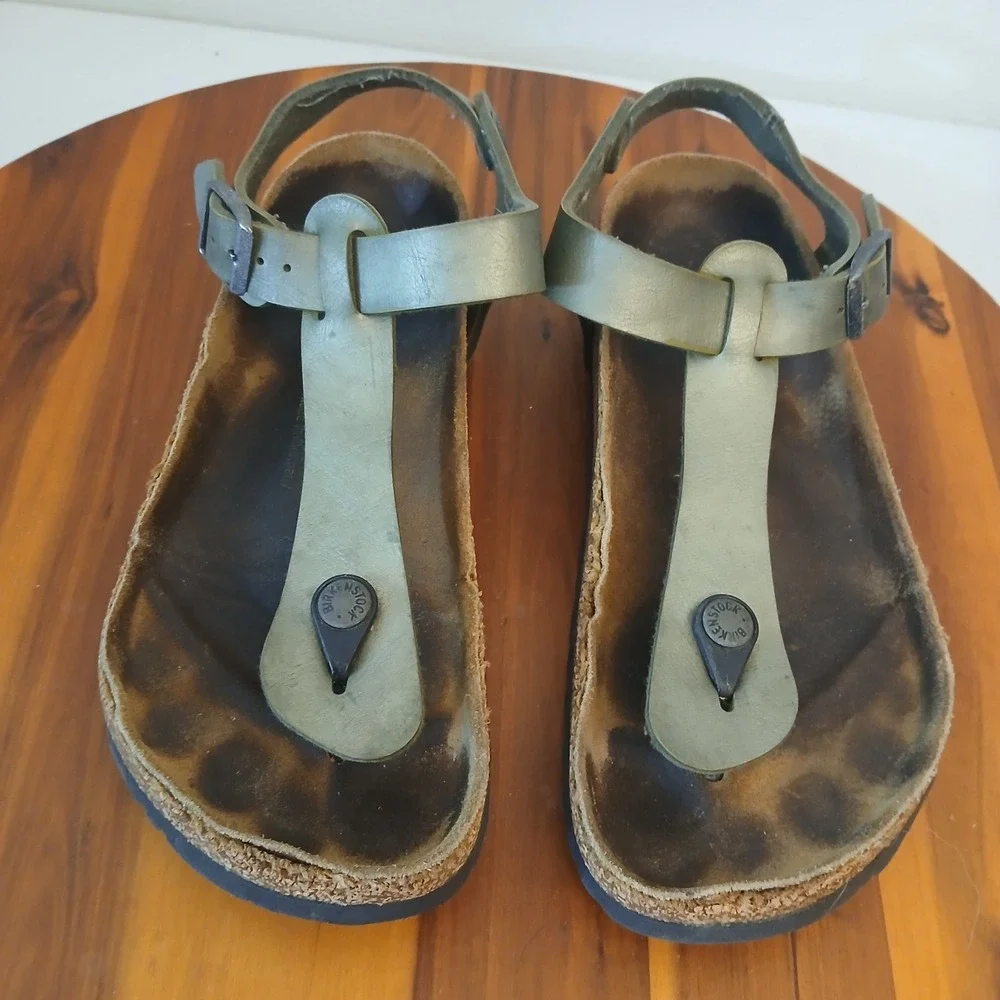 Birkenstock Kairo Sandals Womens 38 Green Leather Ankle Strap Thong Cork